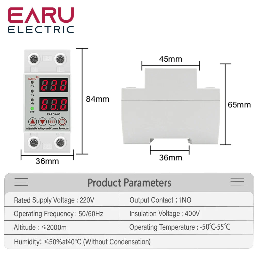 40A 63A 230V Din Rail Adjustable Over Voltage And Under Voltage Protective Device Protector Relay Over Current Protection Limit by 54Grid - Renewable Energy Store