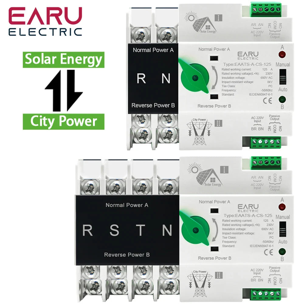 Din Rail ATS for PV and Inverter Dual Power Automatic Transfer Selector Switches Uninterrupted Power 2P 4P AC 110V AC 230V 125A