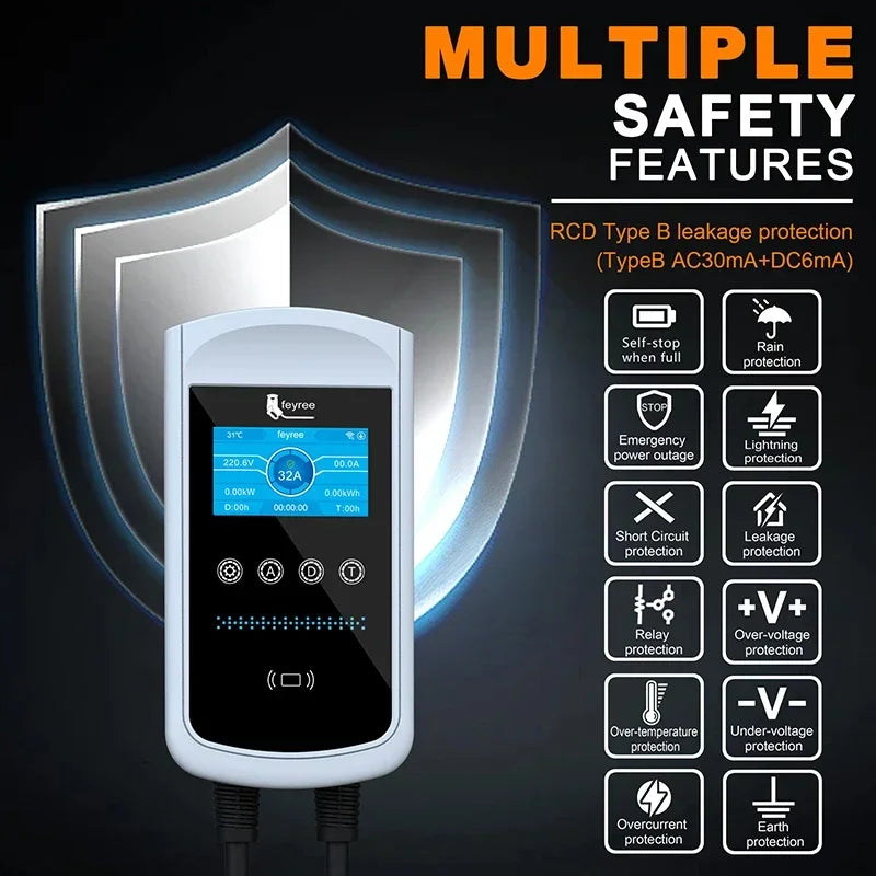 feyree GB/T Socket EV Charger 7.6kw 32A Wallbox 4.3 inch Big Screen APP Charge History Record 11kw 22kw 3 Phase Charging Station