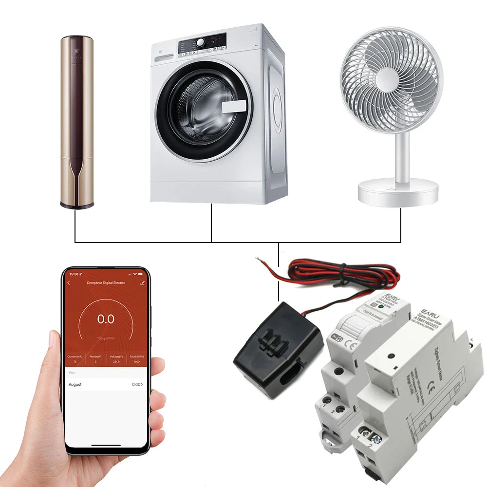 Tuya Smart WiFi Zigbee Electricity KWH Meter Din Rail Single Phase AC 110V 240V 50A 63A CT AC Meter App Real Time Monitor Power by 54Grid - Renewable Energy Store
