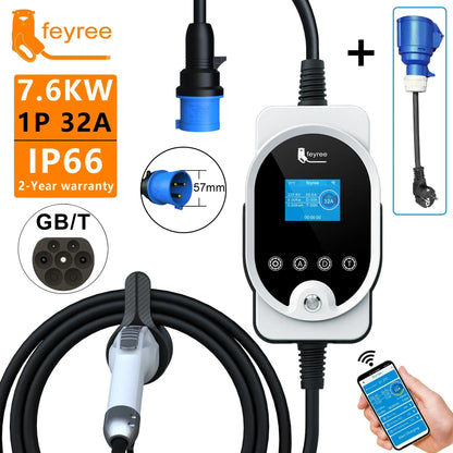 feyree EV Charger GB/T Socket 7KW 32A EVSE Wallbox APP Bluetooth Version Set Charging Time & Delay Time for Electric Vehicle Car