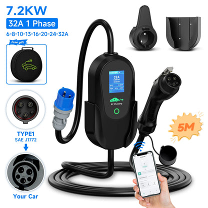 AFYEEV 7.2KW 32A Portable Type2 IEC62196-2 EV Charger Type1 SAE J1772 Electric Car Charger GBT EVSE Charging Cable WiFi APP