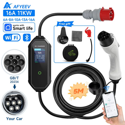 AFYEEV Type2 Portable EV Charger 11KW 16A 3P GBT Car Charger Wi-Fi APP Control EVSE Charging Box CEE Plug for Electric Vehicle