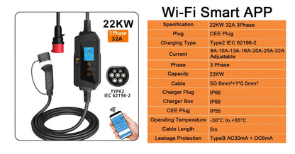 feyree Portable EV Charger Type2 22KW 11KW 3P Fast Charging 32A 7KW 1P Smart APP Wi-Fi Control for Electric Vehicle Car Charger