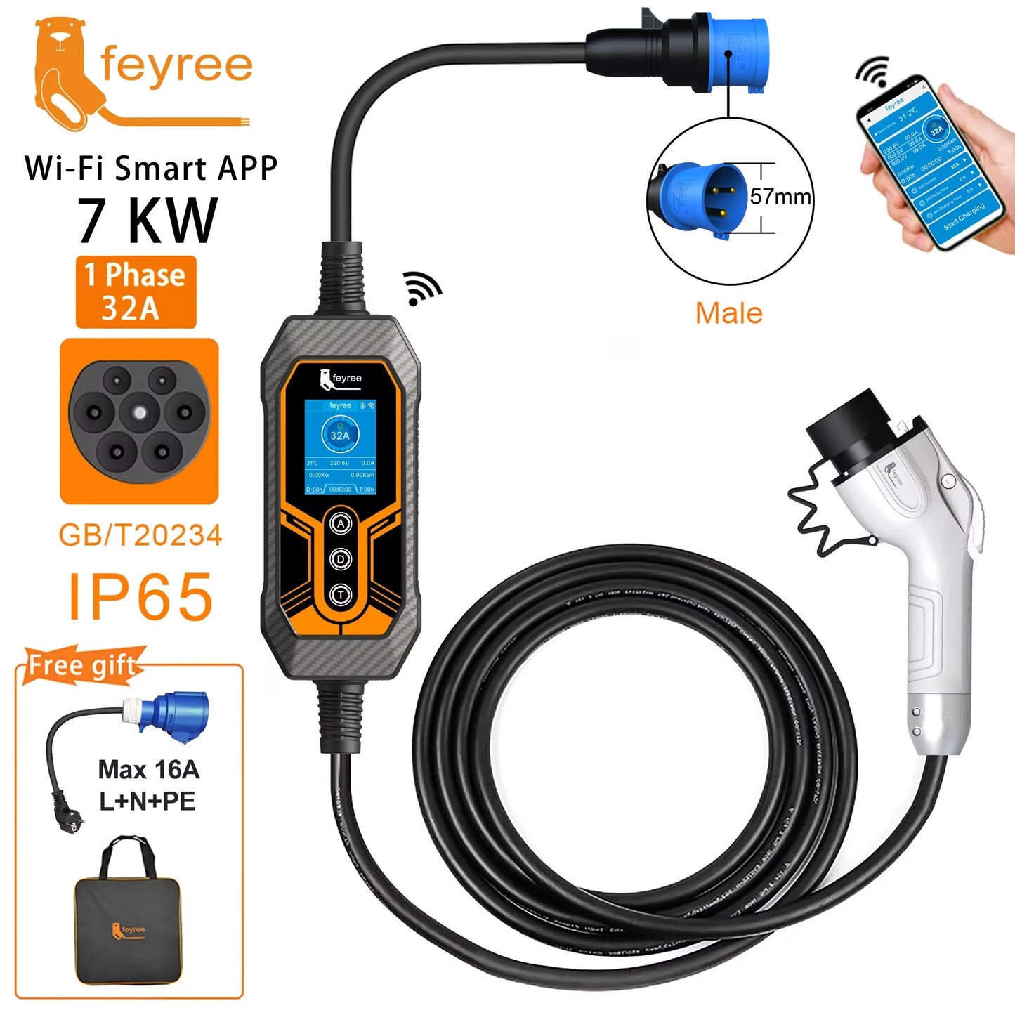feyree GB/T Cord 32A 7KW 1Phase Smart APP WiFi Control Bluetooth Version