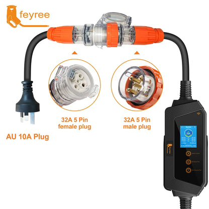 feyree 22KW 32A 3Phase Type2 EV Charger Wi-Fi APP Control EVSE Portable Charging Box with AU 5pin Plug for Electric Car Charger