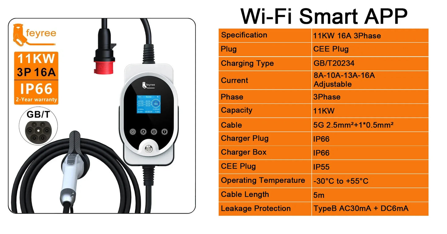 feyree GB/T EV Charger 11KW 16A 3Phase EVSE Wallbox APP WIFI Control EV Charging Station 5m Cable CEE Plug for Electric Vehicle