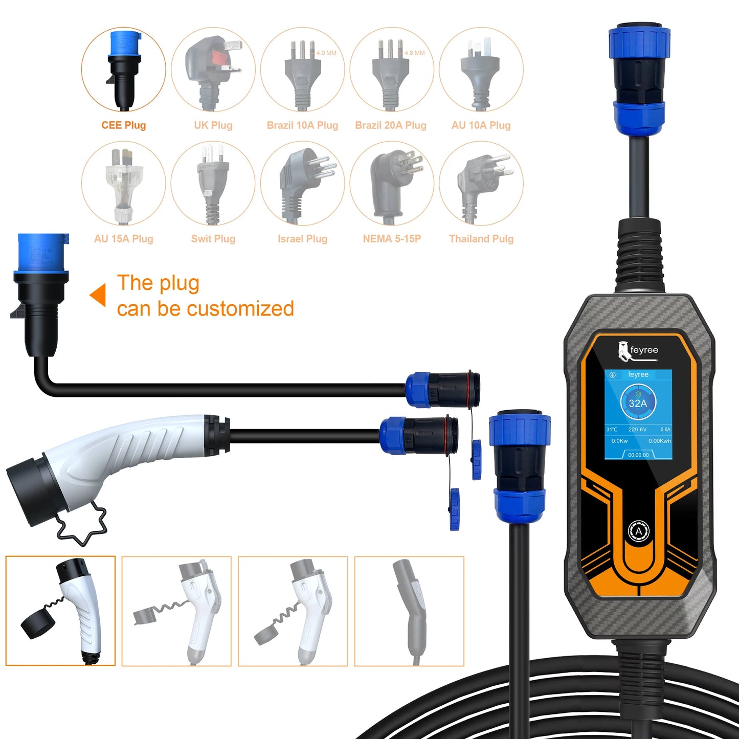 feyree 7kW 32A Portable EV Charger Adjustable Current Replaceable Charging Plug Multifunction for Global Electric EV Car Charger