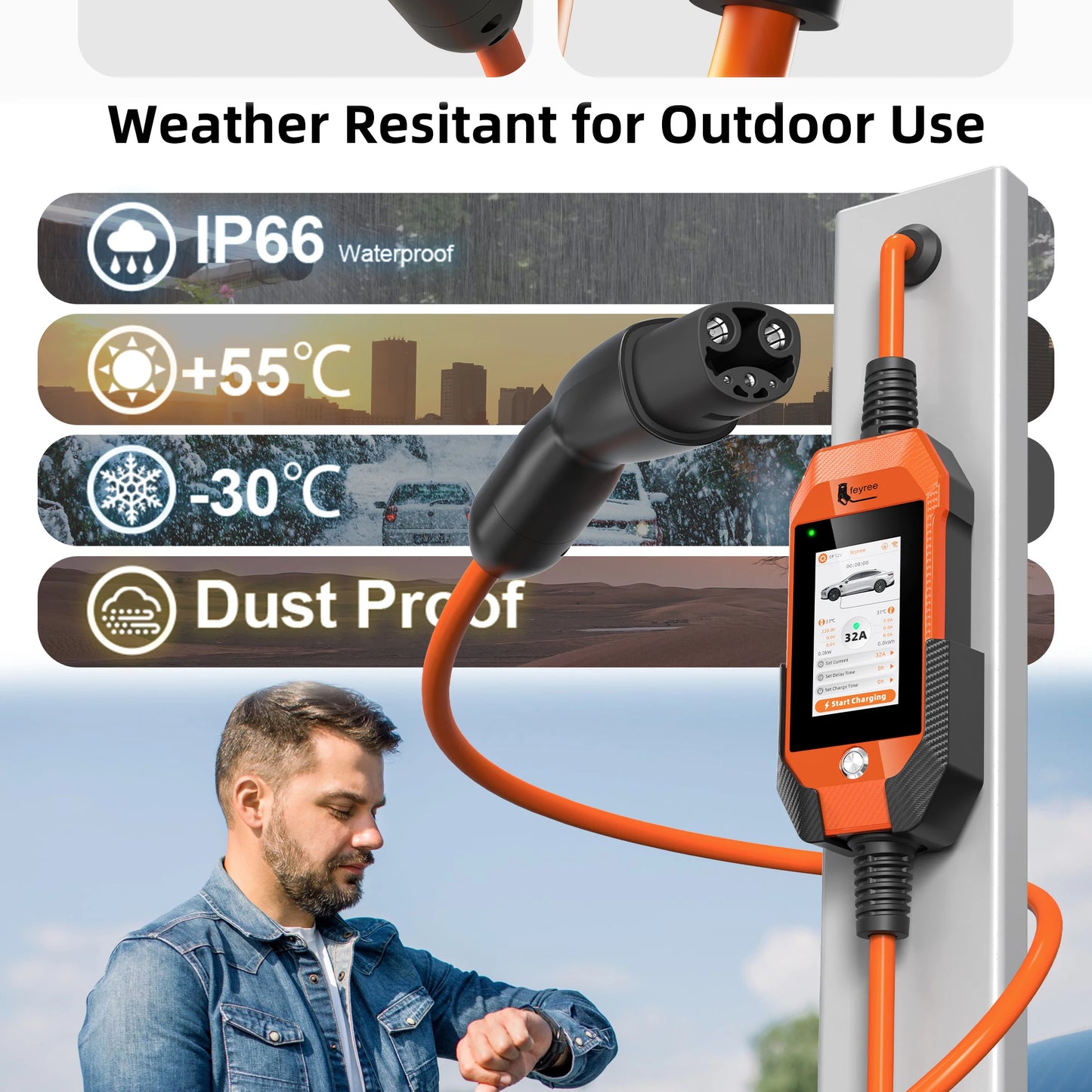 feyree TS-NACS Socket 7kW 32A 1P Portable EV Charger 4.3 Inch Touch Screen High Power Smart APP WiFi Control for EV Tesla Cars