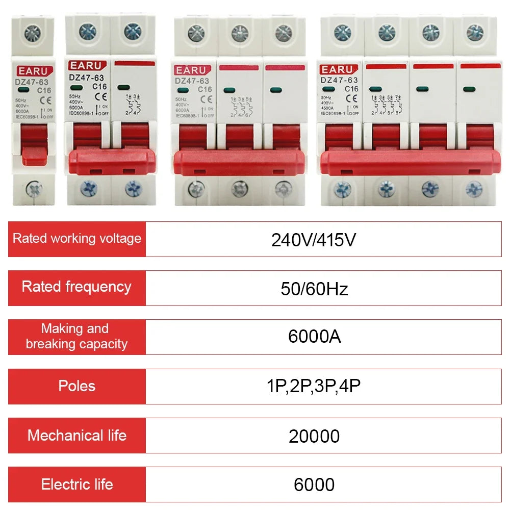 Mini Circuit Breaker MCB Short Overload Circuit Protector 35mm Din Rail Mount Breaking Capacity 6KA by 54Grid - Renewable Energy Store