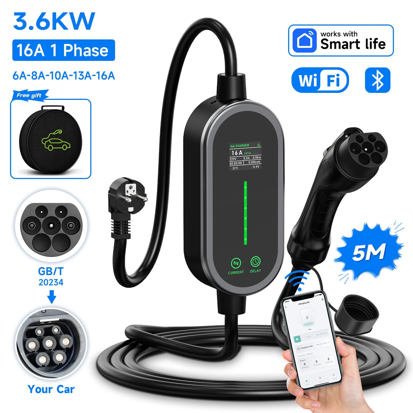 AFYEEV 3600W Portable Type2 IEC62196-2 EV Charger Type1 SAE J1772 Electric Car Charger GBT EVSE Charging Cable Wallbox EU Plug