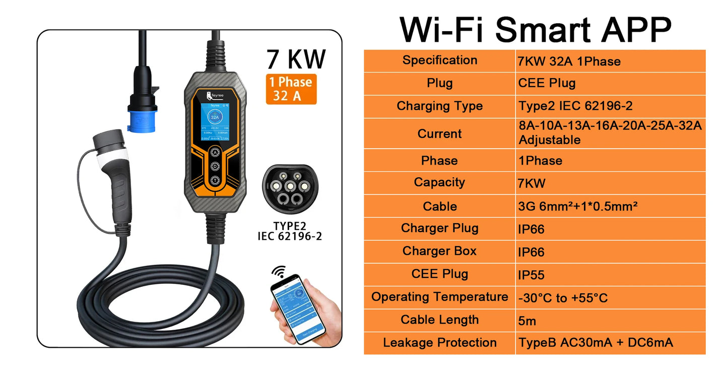 feyree Portable EV Charger Type2 32A 7KW Wi-Fi APP Control Current Adjustable Smart Timing Charging EVSE Wallbox Home&Outdoor