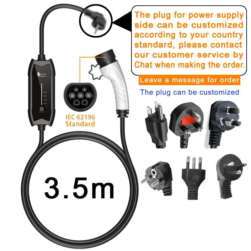 feyree EV Portable Charger Type2 / GB/T Plug 16A Single Phase 3.5KW Type1 3.5m Wallbox Charging Station for Electric Vehicle