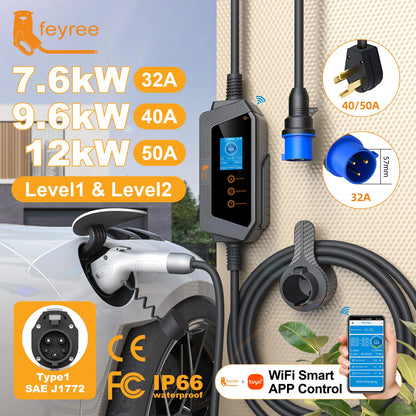 feyree Type1 50A 40A 32A 1Phase Portable EV Charger J1772 Socket Fast Charging Smart APP WIFI Control Version for Electric Car