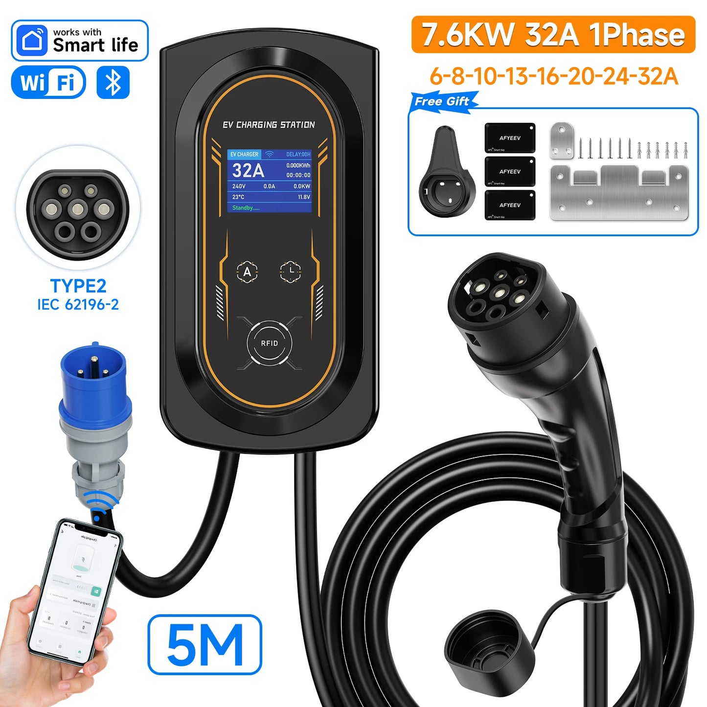 AFYEEV EV Charger 32A 7.6KW Electric Vehicle Car Charger EVSE Wallbox 11KW 22KW 3Phase Type2 Cable IEC62196-2 Socket APP Control