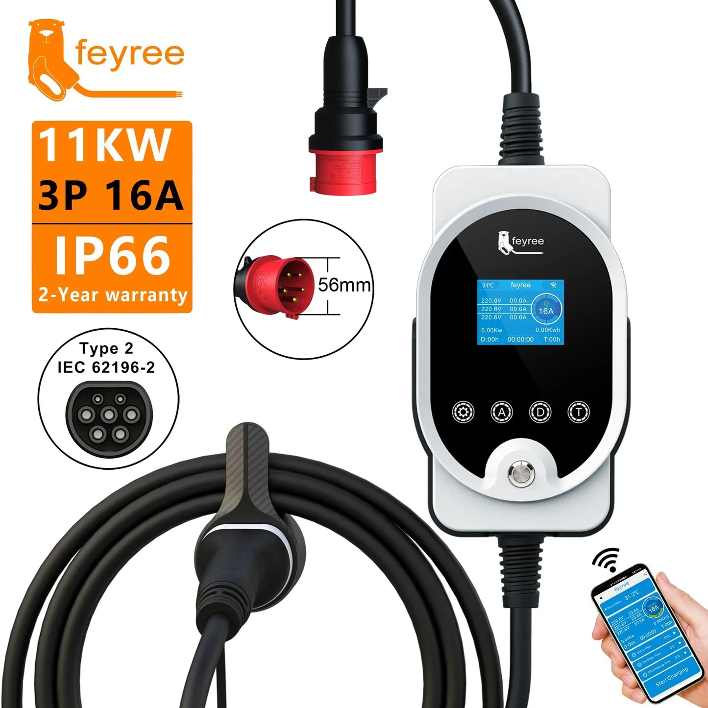 feyree Type2 11KW EVSE Wallbox EV Portable Charger 16A 3Phase Wi-Fi Smart APP Control Charging Station for Electric Car Charger