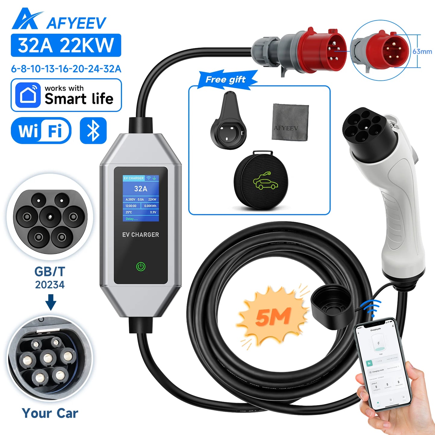AFYEEV 22KW 32A 3Phase Type2 Portable EV Charger Wi-Fi APP Control GB/T EVSE Charging Box Charging Station For Electric Car