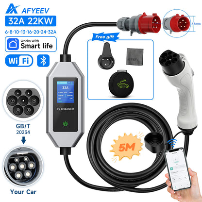 AFYEEV 22KW 32A 3Phase Type2 Portable EV Charger Wi-Fi APP Control GB/T EVSE Charging Box Charging Station For Electric Car