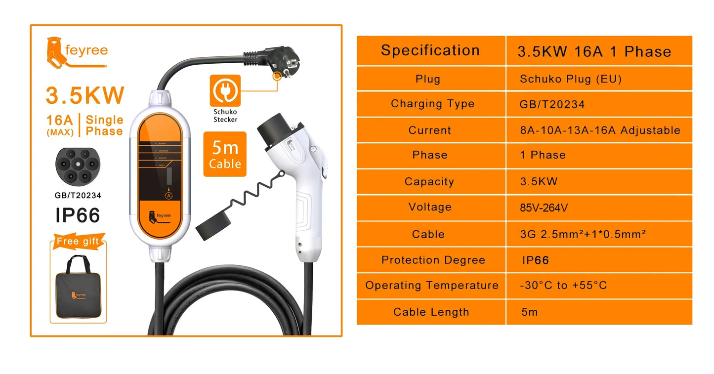 feyree Type2 16A 3.5KW Portable EV Charger EVSE Charging Cable 5m with Schuko Plug Current Adjustable for Electric Car Charger