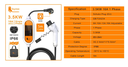 feyree Type2 16A 3.5KW Portable EV Charger EVSE Charging Cable 5m with Schuko Plug Current Adjustable for Electric Car Charger