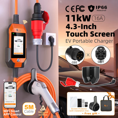 feyree 11kW 16A 3P Portable EV Charger GB/T Plug 4.3" Touchscreen & Charge History WIFI APP Ctrl Smart EVSE for Electric Vehicle