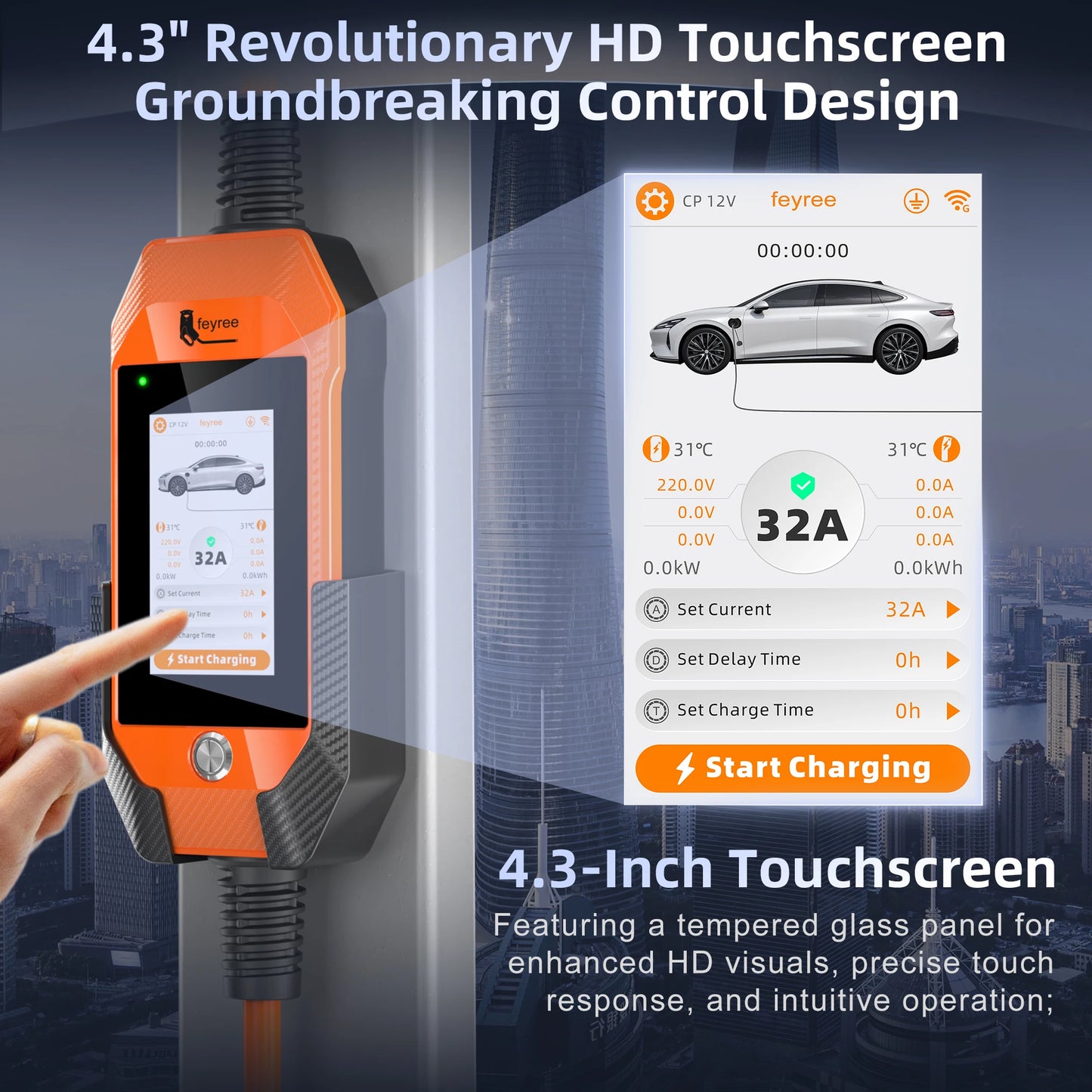 feyree Touch Screen Portable EV Charger Type2 / Type1 / GBT / TS-NACS Socket EV Charger 32A 7KW 1 Phase Smart APP Wi-Fi Control