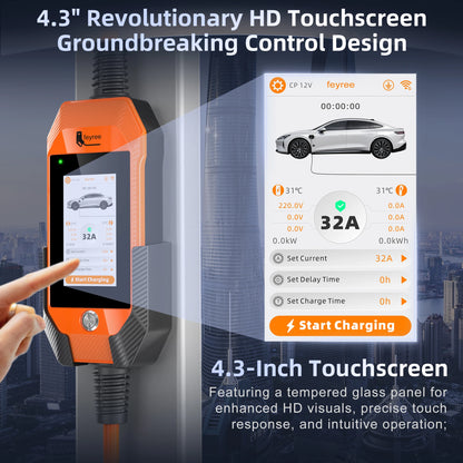 feyree Touch Screen Portable EV Charger Type2 / Type1 / GBT / TS-NACS Socket EV Charger 32A 7KW 1 Phase Smart APP Wi-Fi Control