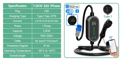 AFYEEV Type 2 Portable EV Charger 7.2KW 32A 1Phase Wallbox Type1 GB/T EVSE Charging Cable CEE Plug WiFi APP Bluetooth Control
