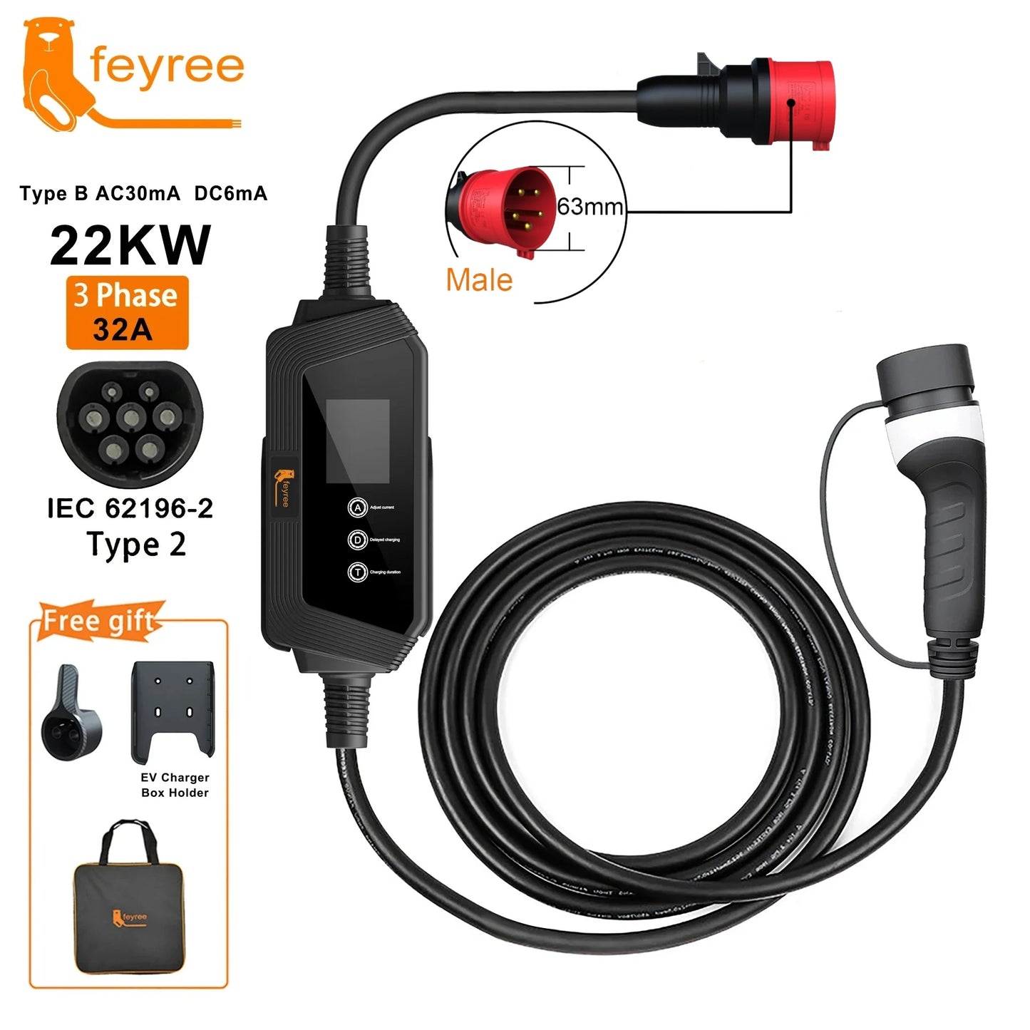 feyree Type2 Portable EV Charger 22KW 32A 3Phase EV Charger EVSE Charging Box 5m Cable with Socket IEC62196-2 for Electric Car