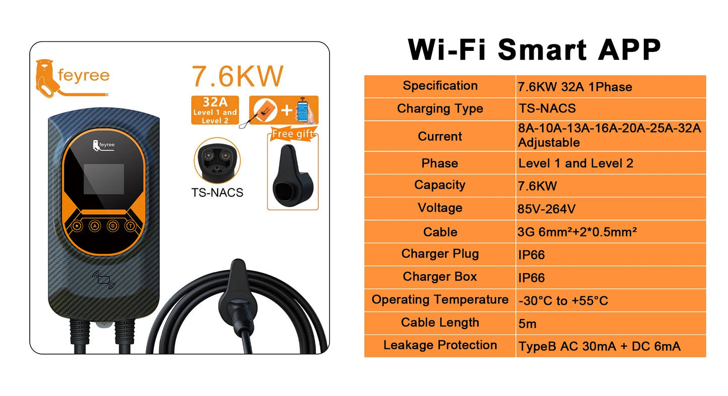 feyree EV Charging Station for TS-NACS Socket EVSE Wallbox 32A 7.6KW 40A 9.6KW 50A 12KW Fast Charging APP Control for Tesla Car