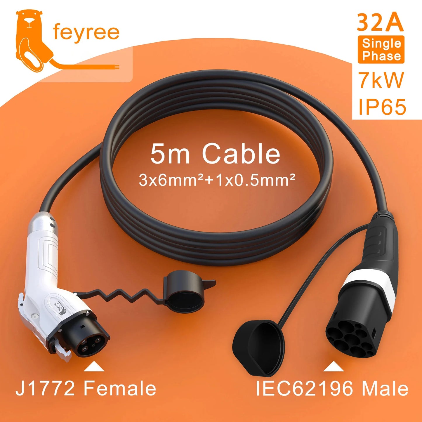 feyree EV Charging Cable 7KW 32A 1Phase Type1 Car Charging Socket to Type2 Power Supply Side 16A 3.5KW 5m Cable for Electric Car