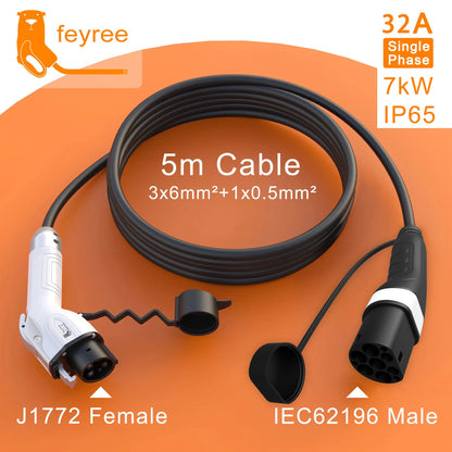feyree EV Charging Cable 7KW 32A 1Phase Type1 Car Charging Socket to Type2 Power Supply Side 16A 3.5KW 5m Cable for Electric Car