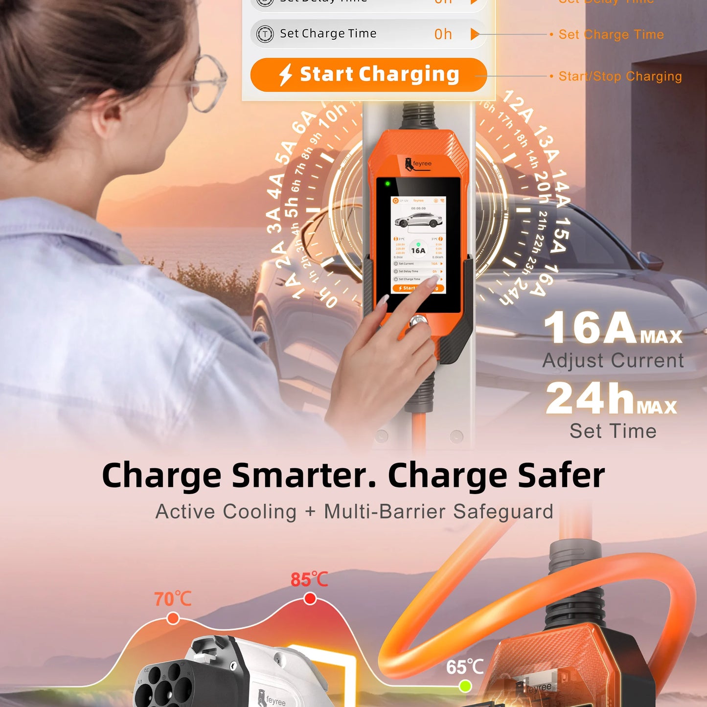 feyree 11kW 16A 3P Portable EV Charger GB/T Plug 4.3" Touchscreen & Charge History WIFI APP Ctrl Smart EVSE for Electric Vehicle