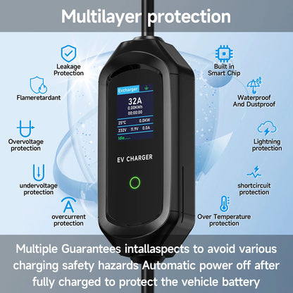 AFYEEV 32A 7.2KW Portable EV Charger Type2 Type1 Electric Vehicle Charger GB/T EVSE Charging Cable Wi-Fi Bluetooth APP Control