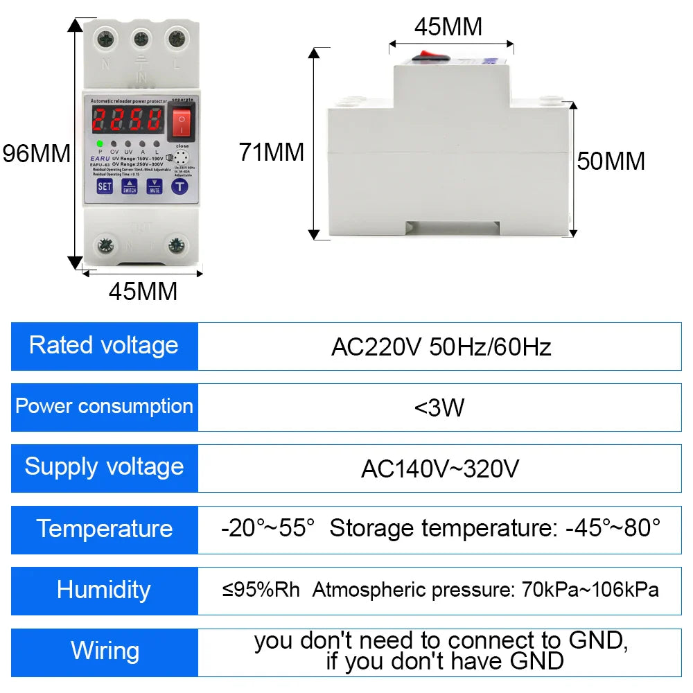 63A Automatic Reconnect Circuit Breaker Over And Under Voltage Over Current Leakage Protection Surge Protect Protector Relay by 54Grid - Renewable Energy Store