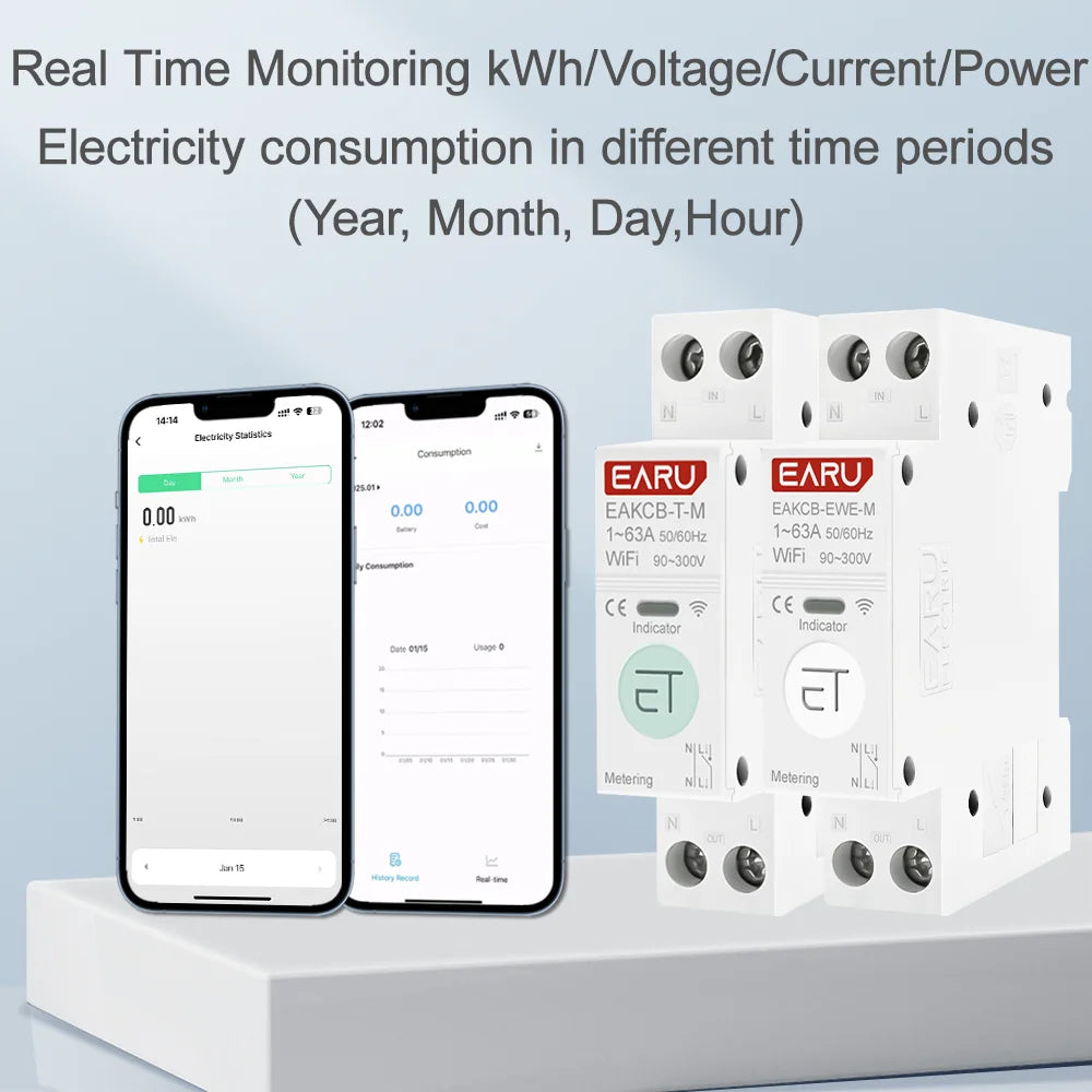 Tuya eWeLink WiFi Smart Circuit Breaker MCB 1P+N 63A Time Relay Switch Energy Meter kWh Voltage Current Protector Remote Control