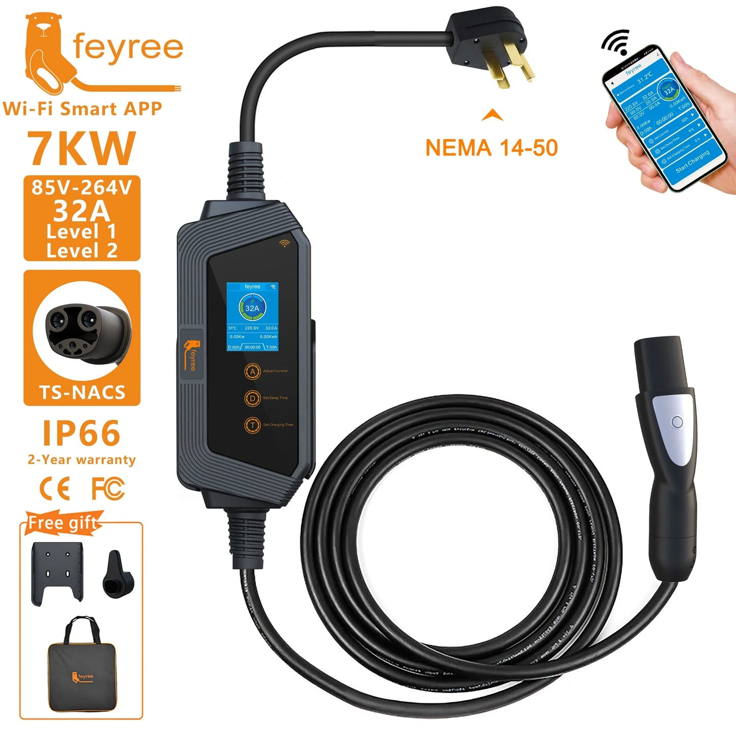 feyree Portable EV Charger with TS-NACS Connector 32A up to 50A 12kw High Power EV wallbox with APP WIFI for All Tesla Models