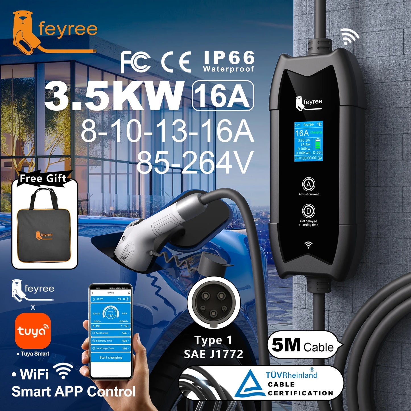 feyree Type1 Portable EV Charger 5m Cable with WIFI APP Control 16A 3.5KW Set Charging&DelayTime for EV Cars,Plug customizable