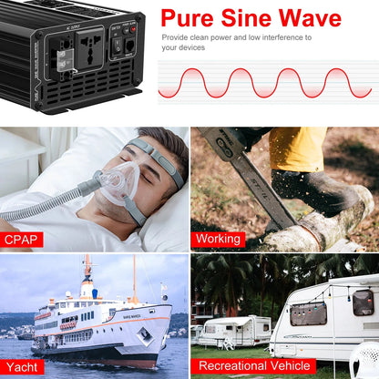 2000W pure sine wave power inverter 12V/24V/48V DC to 110V 220V AC LCD screen - 54Grid - Renewable Energy Store