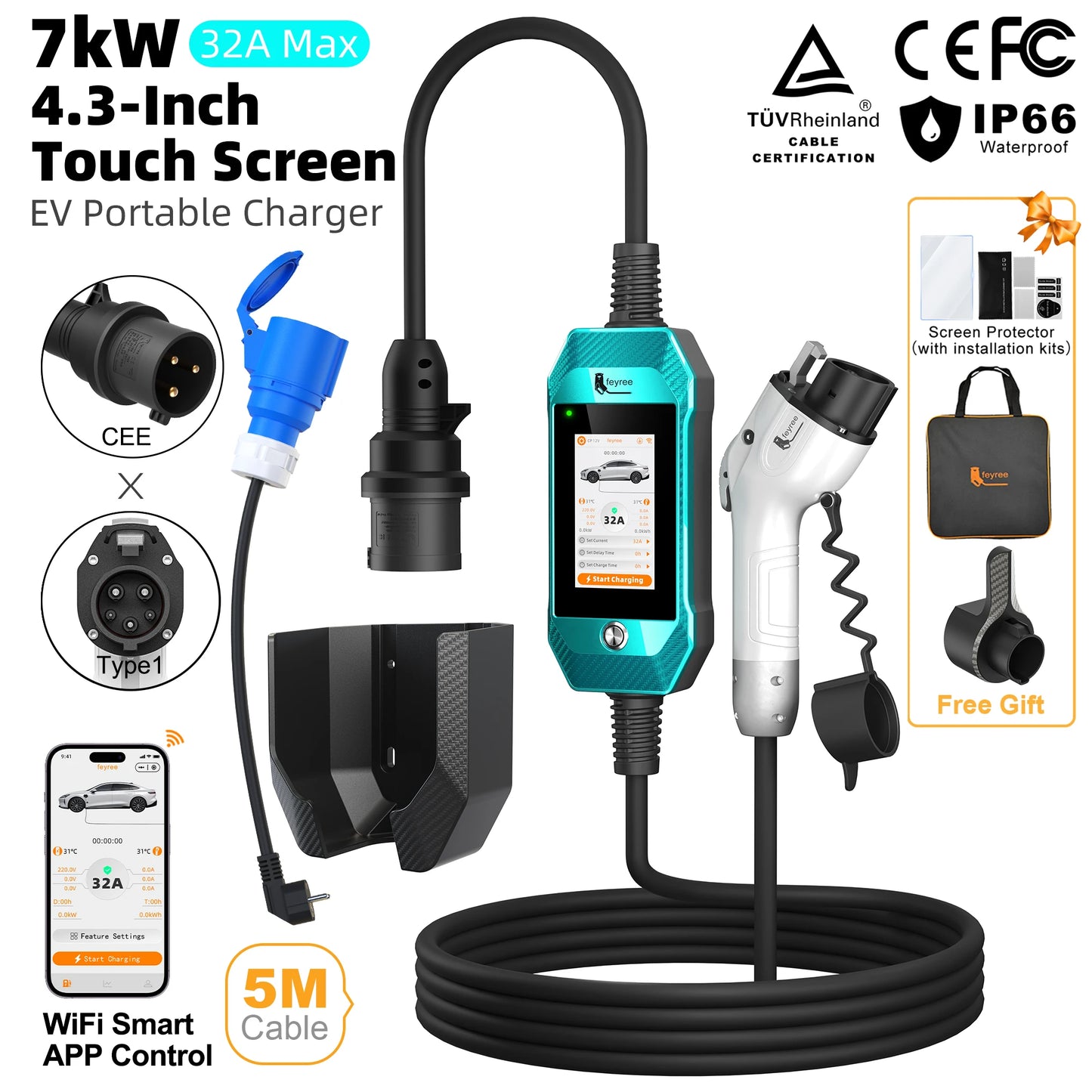 feyree EV Charger 4.3inch Touch Screen Type2 /Type1 /GBT /TS-NACS 32A 7kW 1P Portable Charger Smart APP WiFi Control for EV Cars