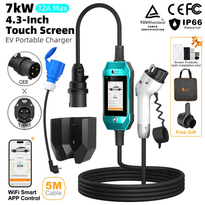feyree EV Charger 4.3inch Touch Screen Type2 /Type1 /GBT /TS-NACS 32A 7kW 1P Portable Charger Smart APP WiFi Control for EV Cars