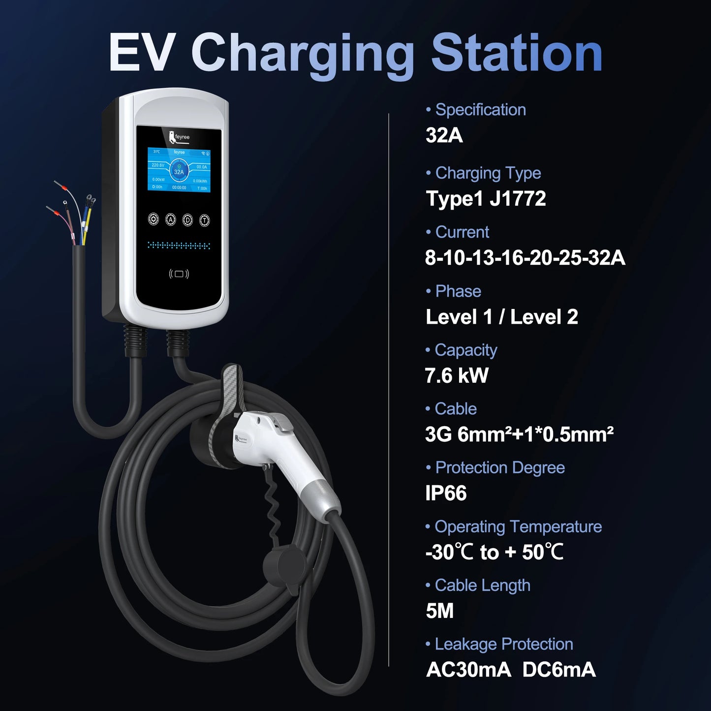 feyree Type1 32A 7.6kW EVSE Wallbox 4.3inch screen Dynamic Load Balancing 40A9.6kW50A12kW EV Charger Smart APP with Charging LOG