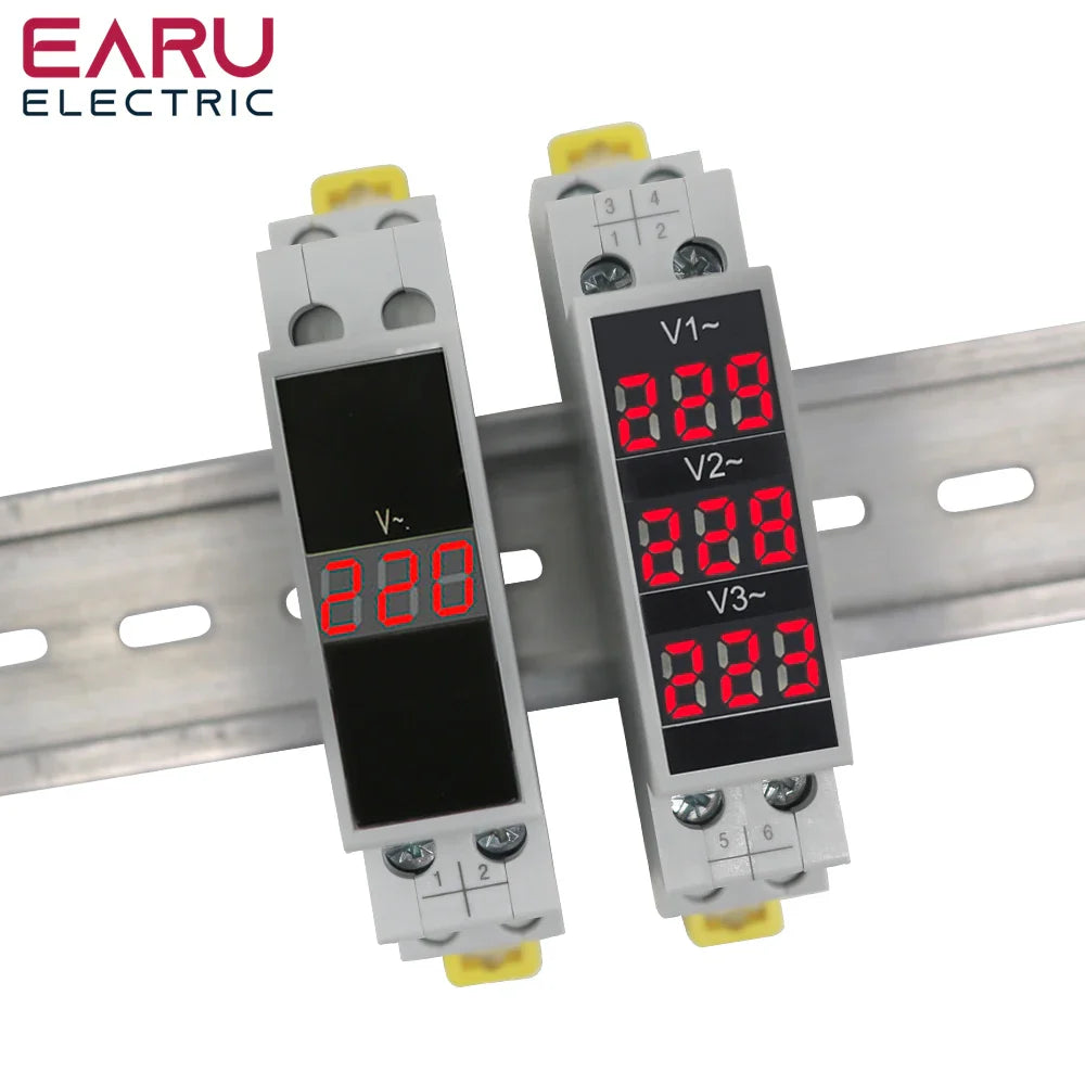 Din Rail 18mm Voltage Meter AC 80-500V 220V 380V Single Three Phase Modular Voltmeter Indicator LED Digital Display Detector by 54Grid - Renewable Energy Store