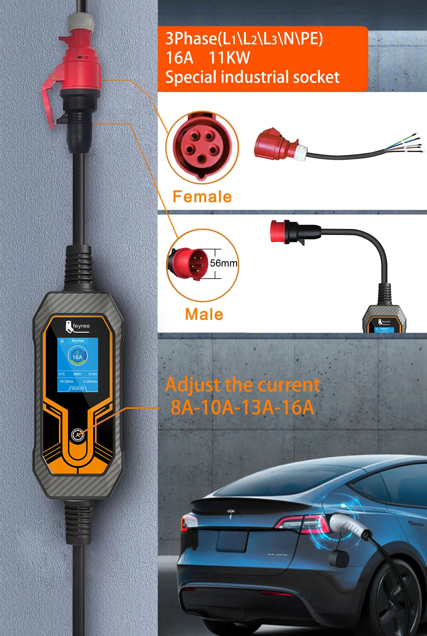 feyree EV Charger Portable Type2 11KW 16A 3 Phase EVSE Charging Box Current Adjustable CEE Male Plug for Electric Car Charger