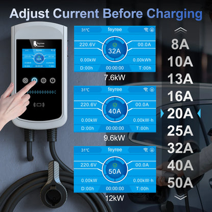 feyree Type1 32A 7.6kW EVSE Wallbox 4.3inch screen Dynamic Load Balancing 40A9.6kW50A12kW EV Charger Smart APP with Charging LOG