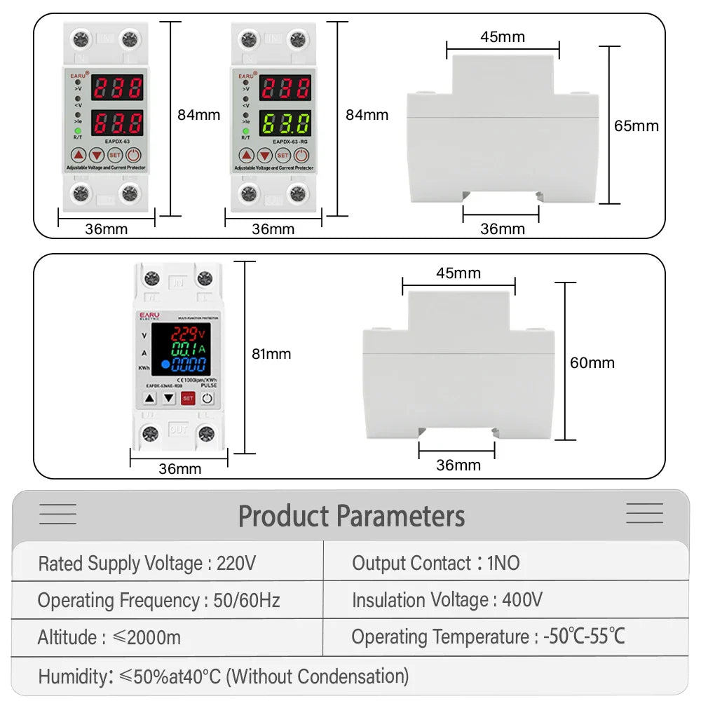 AC 40A 63A 230V Din Rail Adjustable Over Voltage Under Voltage Protective Device Protector Relay Over Current Protection Limit by 54Grid - Renewable Energy Store