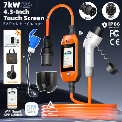 feyree Touch Screen Portable EV Charger Type2 / Type1 / GBT / TS-NACS Socket EV Charger 32A 7KW 1 Phase Smart APP Wi-Fi Control