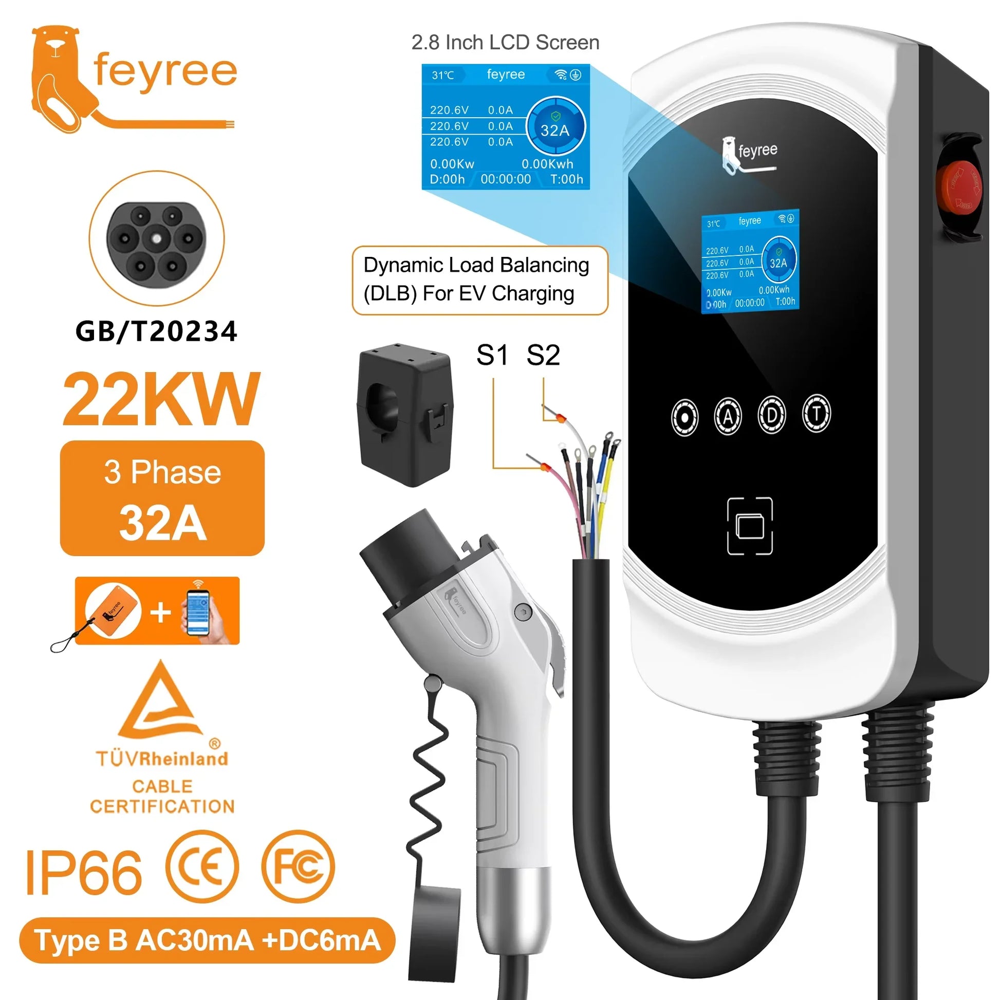 feyree GB/T Socket 32A 7KW 1P EV Charger 16A 11KW 3P 22KW APP Control DLB Charging Station for Electric Vehicle EVSE Wallbox by 54Grid - Renewable Energy Store