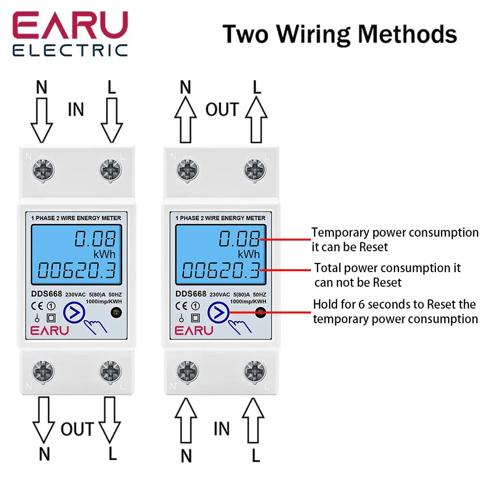 AC 230V 110V 50/60Hz Digital Single Phase Reset Zero Energy Meter kWh Voltage Current Power Consumption Meter Wattmeter Din Rail