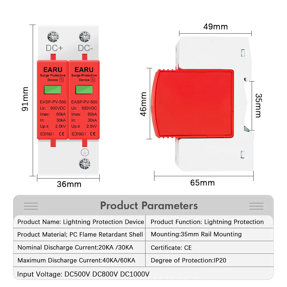 2P DC SPD Surge Protective Device 500V 800V 1000V 20KA 30KA 40KA 60KA Voltage Protector Solar PV Photovoltaic Lightning Arrester